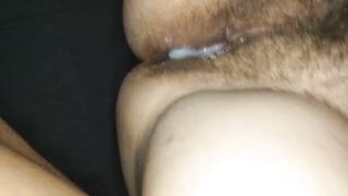 The inflated penis moves overgrown, cum sperm in the pussy