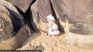 Sex on the beach rocks, naughty tourist came twice, sucked and naughty ate my ass in public in front of the cuckold who filmed everything