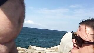 BBW sucking cock at the beach in public