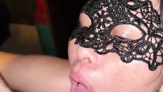 Mature Asian Wife sucks uncut cock, Mask blowjob