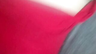 Home gentle striptease in a red dress and masturbation