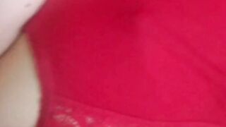 Home gentle striptease in a red dress and masturbation