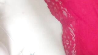 Home gentle striptease in a red dress and masturbation