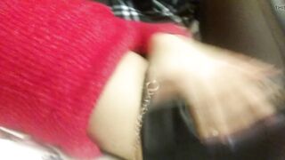 Home striptease in a red sweater and masturbation with a gentle orgasm