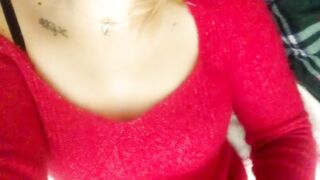 Home striptease in a red sweater and masturbation with a gentle orgasm