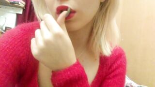 Home striptease in a red sweater and masturbation with a gentle orgasm