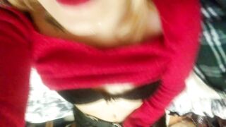 Home striptease in a red sweater and masturbation with a gentle orgasm