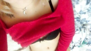 Home striptease in a red sweater and masturbation with a gentle orgasm. Close-up. Part 2