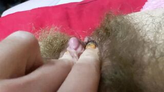 Pulsating clitoris orgasm closeup pov hairy pussy