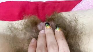 Pulsating clitoris orgasm closeup pov hairy pussy