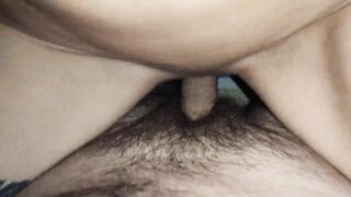 skinny girl with nice boobs rides a hairy cock of an adult man