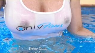 Amazing hot wife in Wet T-shirt in the Pool | Risky public exhibitionist | OF @wifeydoespremium