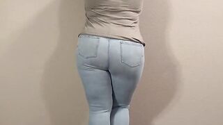 Sexy girl bond and made to pee in tight jeans