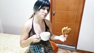 Sexy Girl Drinks Pee In A Cup While Eating A Cookie