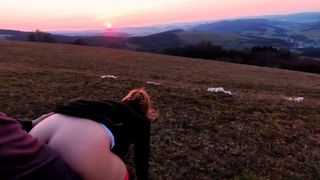 Outdoor Sex on the Top of the Hill at the Sunset. Mountain, Public, Hiking.