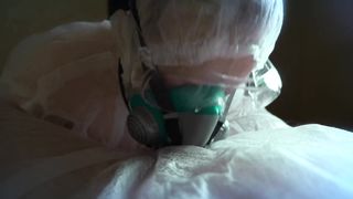 Woman in a Gas Mask and Gloves Jerks off a Cock and Sucks. Handjob, Blowjob