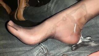 Wife gives me a nylon footjob in the car!