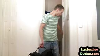 CFNM teens toy guy ass and jerk his dick