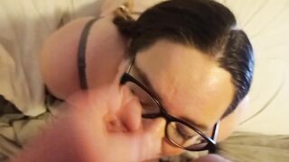 Face fucking turns into cumming on glasses and face