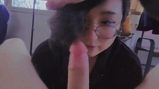 Cute Asian femboy gives blowjob to big cock