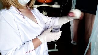 Caring female doctor taking a cum analysis on her knees