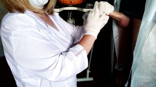 Caring female doctor taking a cum analysis on her knees