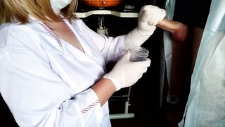 Caring female doctor taking a cum analysis on her knees