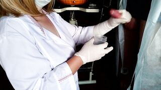 Caring female doctor taking a cum analysis on her knees