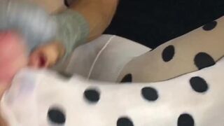 Polkadot white and black tights footjob and ass tease