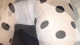 Polkadot white and black tights footjob and ass tease