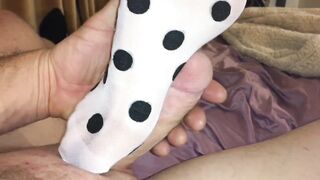 Polkadot white and black tights footjob and ass tease