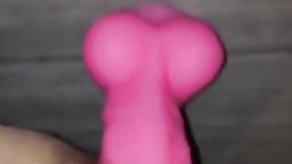 Hairy babe rides pink dildo (quick cum)