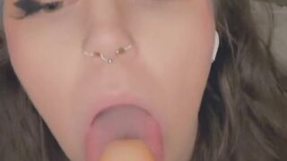 Sexy kitten sucks on dildo blowjob pov