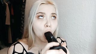 Slutty schoolgirl fucks her mouth with a dildo