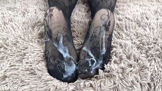 Black stockings footjob and huge load on soles