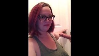 Purple haired milf with glasses gives BJ teaser