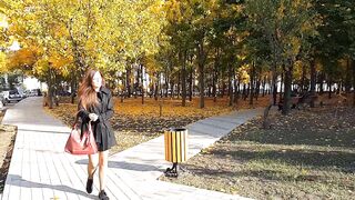 Warm Autumn- NO PANTIES # Up Coat NO PANTIES in Public Park