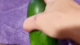 Horny Squirting Brunette MILF pounds herself with a Huge Cucumber!!