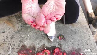 Strawberries foot squeezing, whipped cream on feet and dirty feet licking