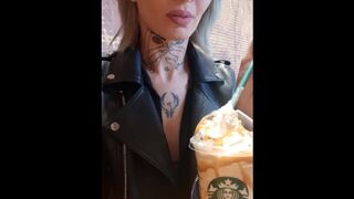 Naughty blonde make public flashing on Starbucks