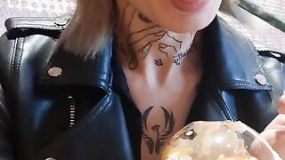 Naughty blonde make public flashing on Starbucks