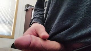 Playing with my precum in the office huge cumshot