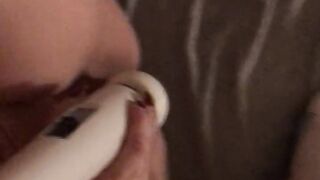 MILF squirts hard with her toy while I cum all over her pretty face!