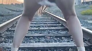 Upskirt POV Hot Mom Full Moon Pissing on Train Tracks Early Morning Birds Chirping