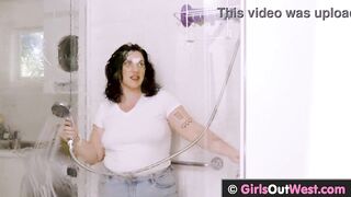 Hot busty MILF masturbates in the shower