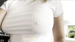 Wife jumping on mini tramp braless in tight white shirt