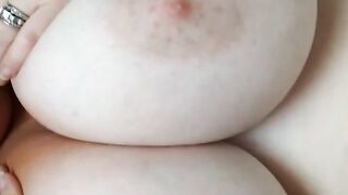 Power cum shot on milf's massive natural tits