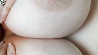 Power cum shot on milf's massive natural tits