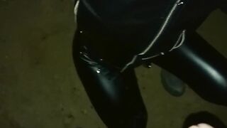 Hitchhiker girl in leather gives a quick handjob and takes a big cumshot