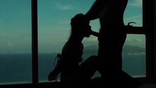 Artistic silhouette - Tied up Asian teen sucking dick with an ocean view - Baebi Hel